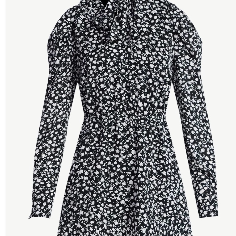 Chic Black and White Floral Long Sleeve Dress